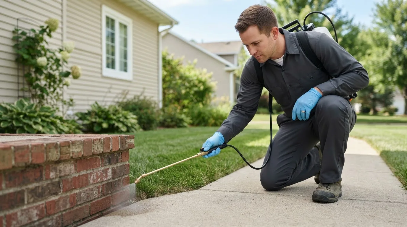Pest control technician treating a home near Bedford, IA