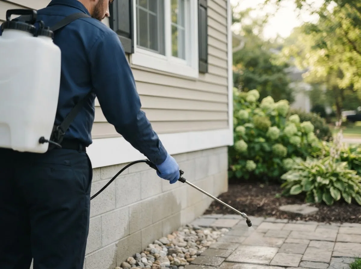 Pest control technician inspecting a home in Bedford, IA